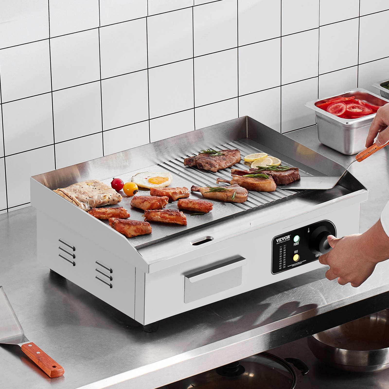 VEVOR Kommerzieller elektrischer Grill, 3200 W, halbflacher Grill für die Arbeitsplatte, einstellbare Temperatur von 50–300 °C, 54 x 30 x 1 cm, Edelstahl-Grillplatte mit 2 Schaufeln und 2 Bürsten