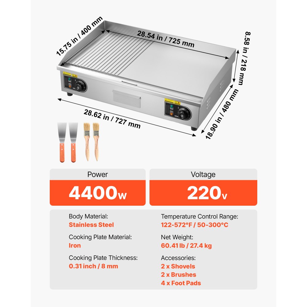VEVOR Gewerbliche Elektrische Grillplatte 4400 W, Tischgrillplatte 725x400 mm Grillfläche, 50–300 °C, Elektrogrill, halb Gerillt, halb Glatt, mit 2 Spateln und 2 Bürsten, für Steaks BBQ, Ohne Stecker