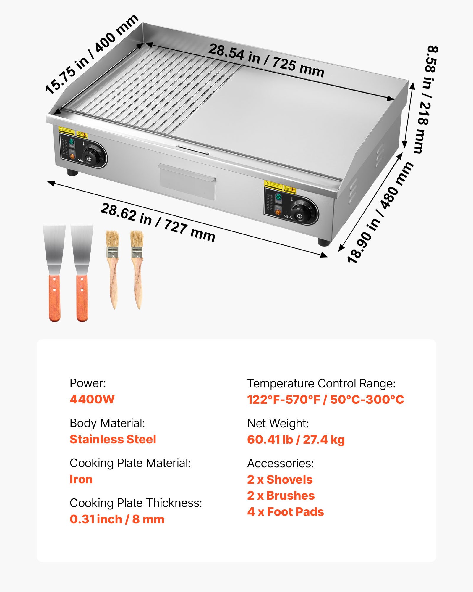 VEVOR Gewerbliche Elektrische Grillplatte 4400 W, Tischgrillplatte 725x400 mm Grillfläche, 50–300 °C, Elektrogrill, halb Gerillt, halb Glatt, mit 2 Spateln und 2 Bürsten, für Steaks Pfannkuchen