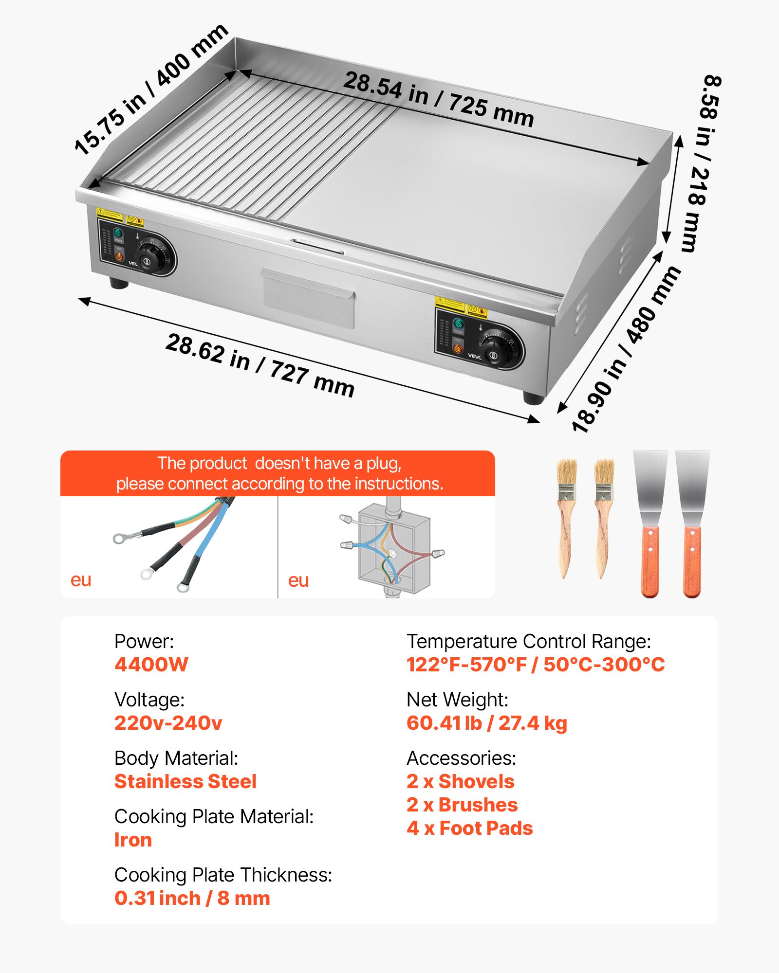 VEVOR Gewerbliche Elektrische Grillplatte 4400 W, Tischgrillplatte 725x400 mm Grillfläche, 50–300 °C, Elektrogrill, halb Gerillt, halb Glatt, mit 2 Spateln und 2 Bürsten, für Steaks BBQ, Ohne Stecker