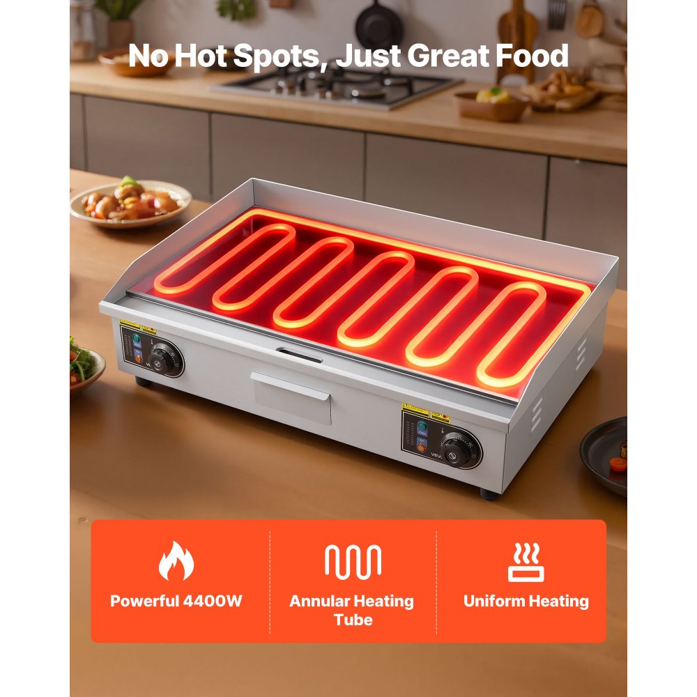 VEVOR Commercial Electric Griddle, 725 x 400 mm, 4400W, 50-300°C Adjustable Temp Control, Stainless Steel Countertop Full Flat Top Grill with 2 Spatulas and 2 Brushes, for Steak, and Pancake(NO PLUG)