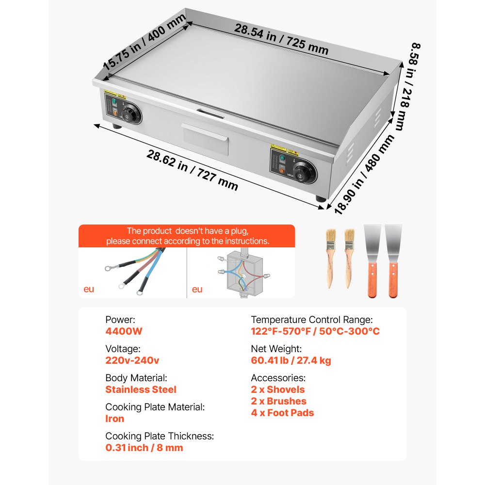 VEVOR Commercial Electric Griddle, 725 x 400 mm, 4400W, 50-300°C Adjustable Temp Control, Stainless Steel Countertop Full Flat Top Grill with 2 Spatulas and 2 Brushes, for Steak, and Pancake(NO PLUG)