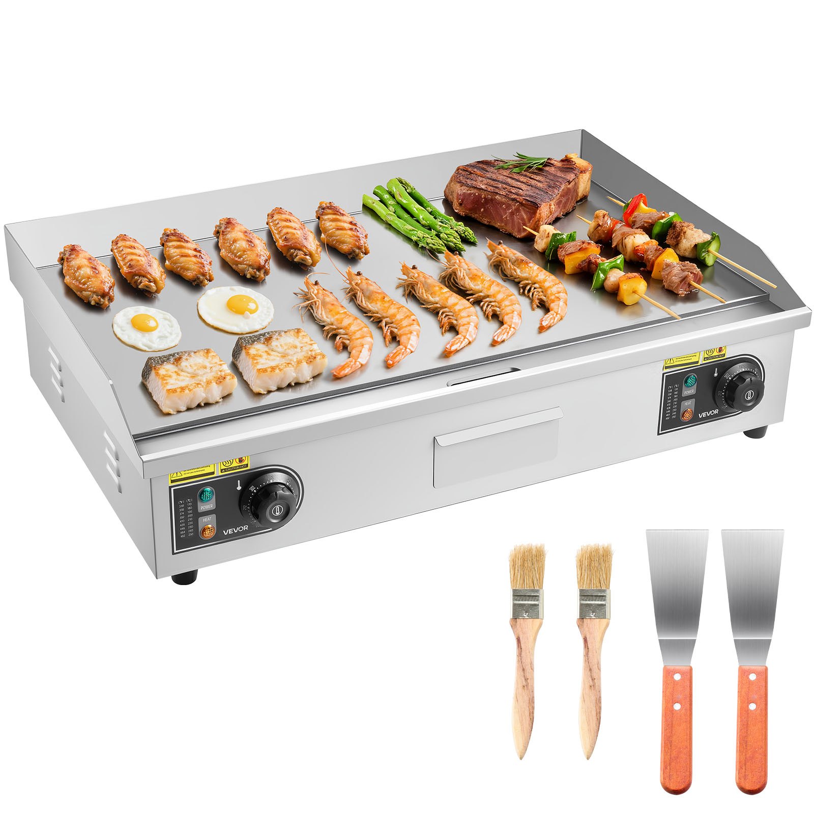 VEVOR Commercial Electric Griddle, 725 x 400 mm, 4400W, 50-300°C Adjustable Temp Control, Stainless Steel Countertop Full Flat Top Grill with 2 Spatulas and 2 Brushes, for Steak, and Pancake(NO PLUG)