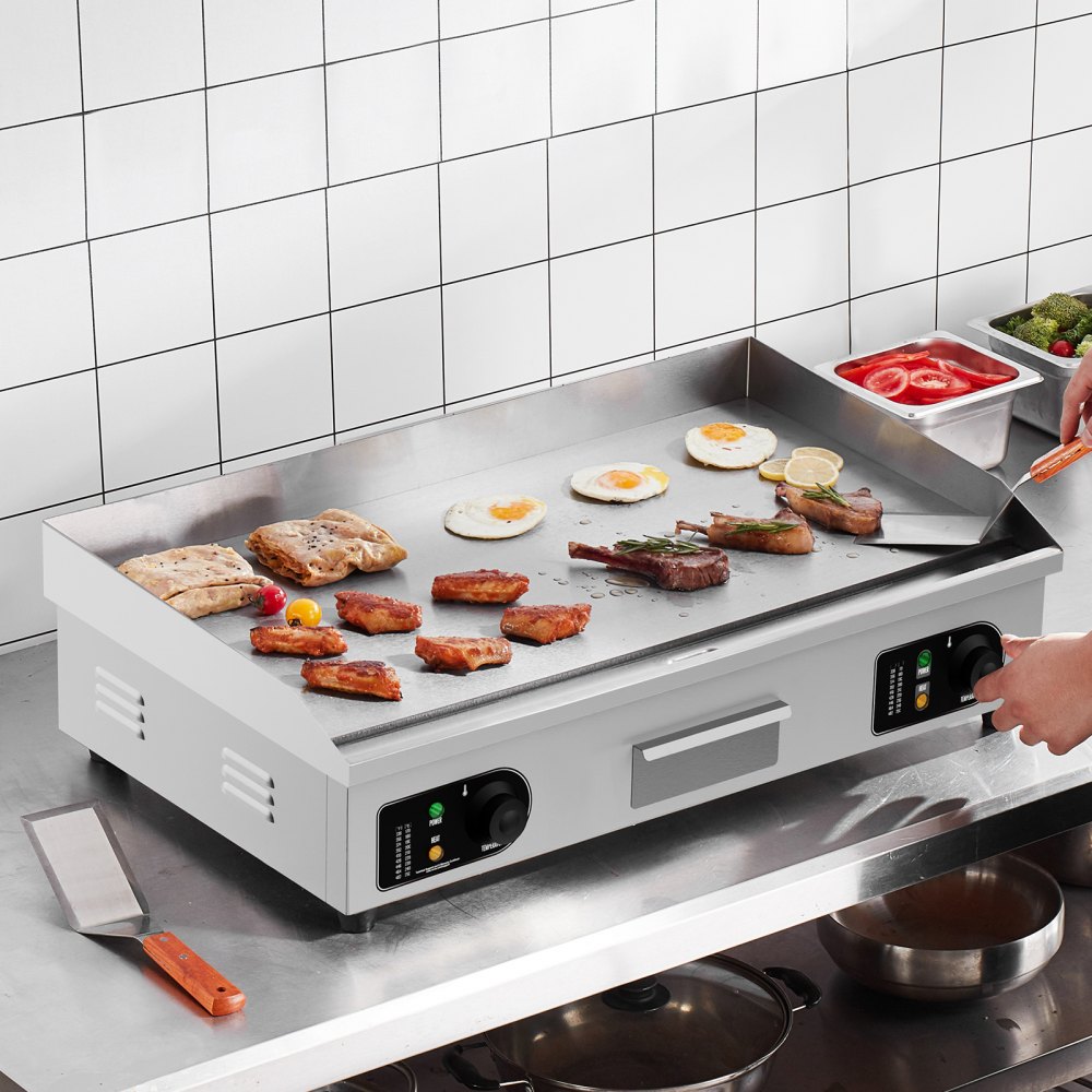VEVOR kommerzieller elektrischer Grill, 4400 W, flache Grillplatte, einstellbare Temperatur von 50-300 °C Grillplatte aus Edelstahl mit 2 Schaufeln & 2 Bürsten für Zuhause oder das Restaurant (kein Stecker)