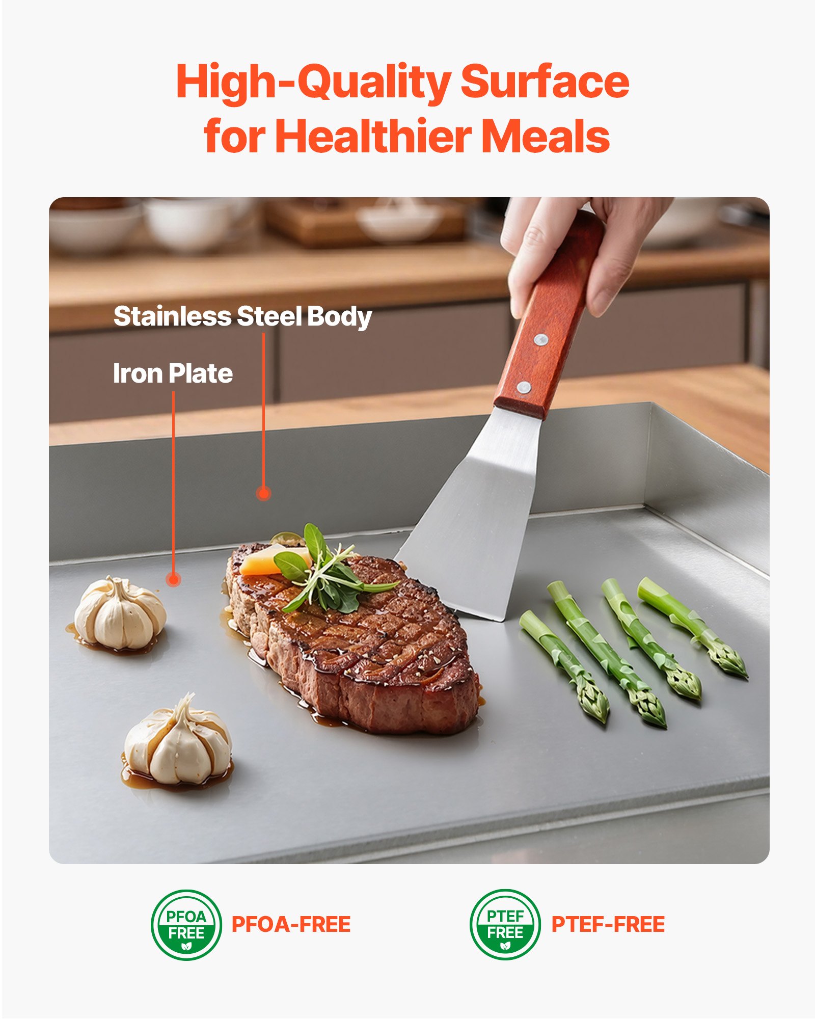 VEVOR Kommerzielle Grillplatte Elektrisch 45 x 30 cm, Bratplatte Elektrogrill 2800 W, Tischgrillplatte 50–300 °C mit 2 Spateln, 2 Bürsten und 4 Fußpolstern, Griddleplatte für Steaks Pfannkuchen