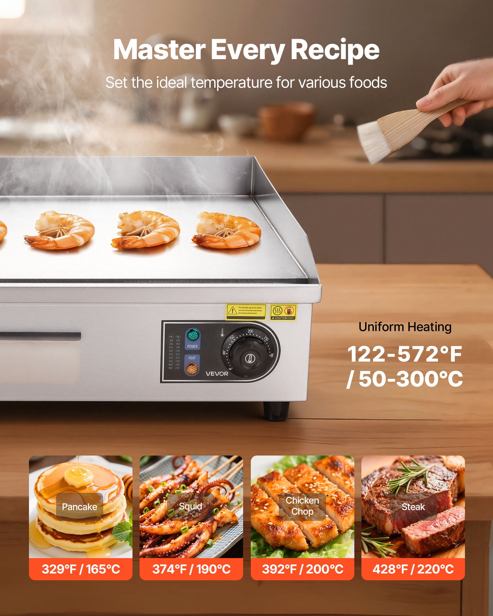 VEVOR Elektro-Grillplatte 4000 W 655 x 400mm Grillbereich, 50-300 °C Gastro-Griddleplatte aus Edelstahl (Gehäuse) Tischgrillplatte mit 2 Spateln 2 Bürsten & 4 Fußpolstern für Steaks BBQ, Ohne Stecker