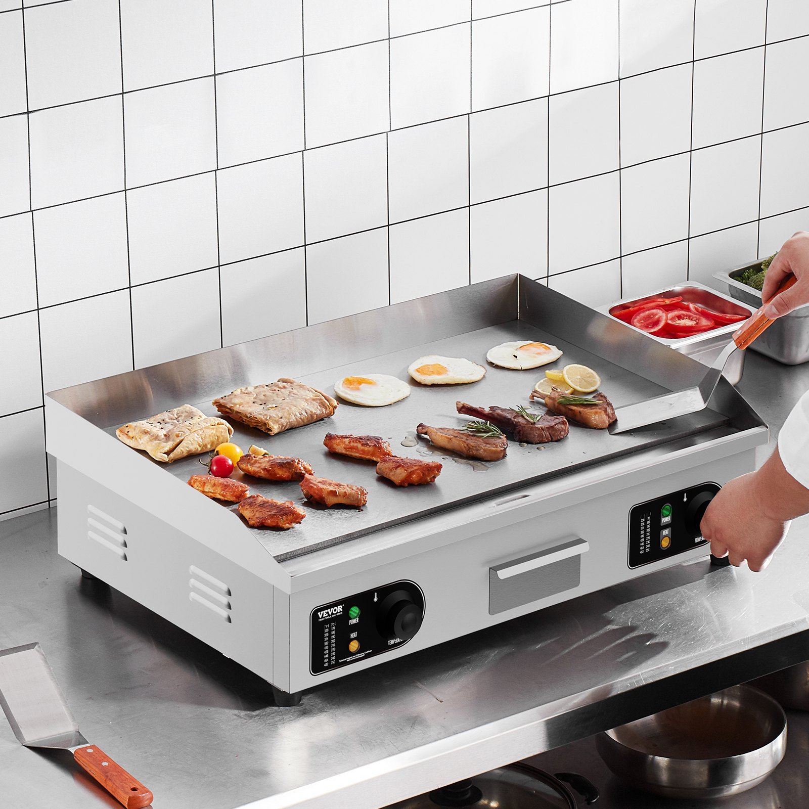 VEVOR Kommerzieller elektrischer Grill, 4000 W, flache Grillplatte für die Arbeitsplatte, einstellbare Temperatur von 122 °F bis 572 °F, 25,98 x 15,75 x 0,39 Zoll, Grillplatte aus Edelstahl mit 2 Schaufeln und 2 Bürsten für Zuhause oder das Restaurant