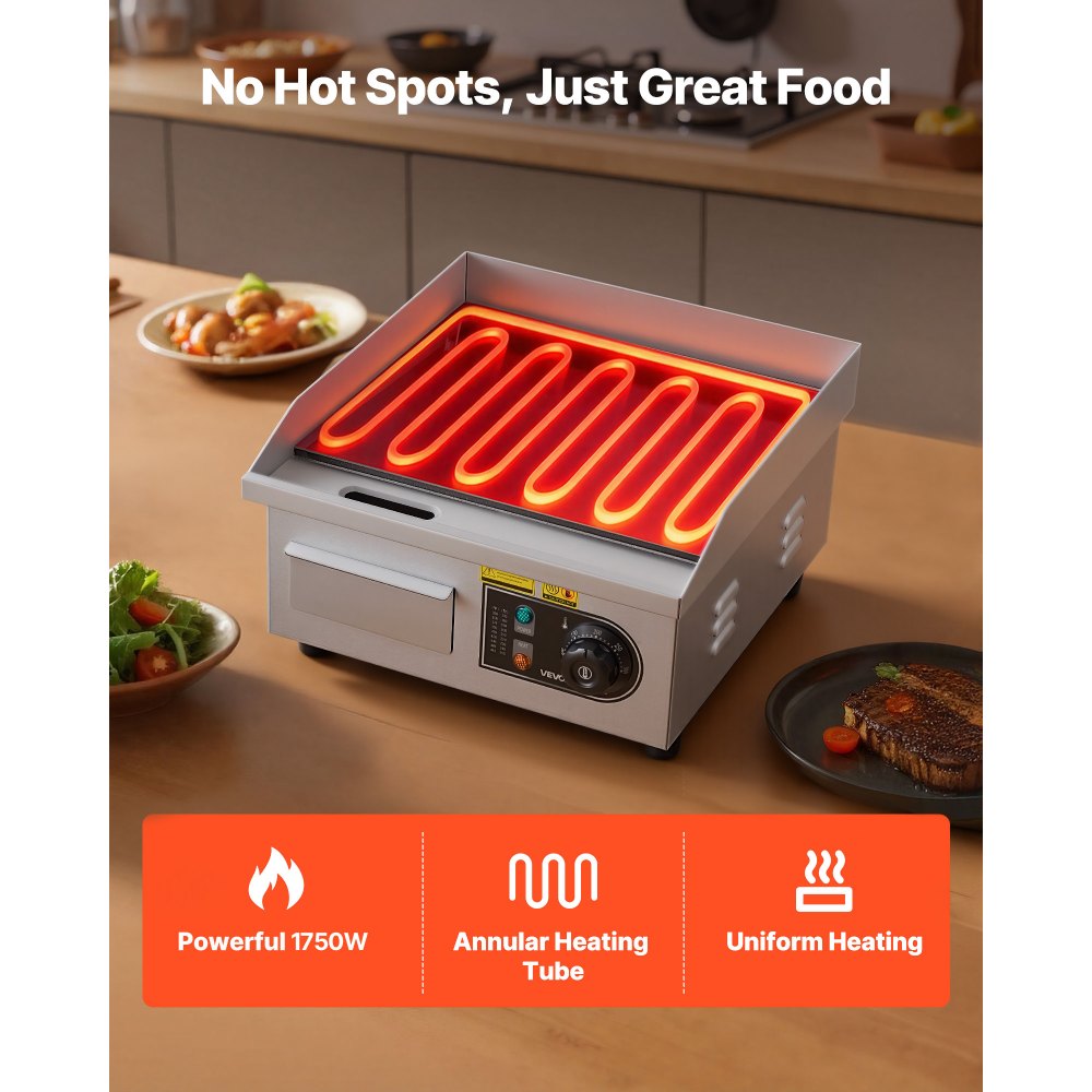 VEVOR Elektro-Grillplatte 2000 W 355 x 300 mm (Grillbereich), 50-300 °C Gastro-Griddleplatte aus Edelstahl (Gehäuse) Tischgrillplatte mit 2 Spateln & 2 Bürsten & 4 Fußpolstern, für Steaks Pfannkuchen