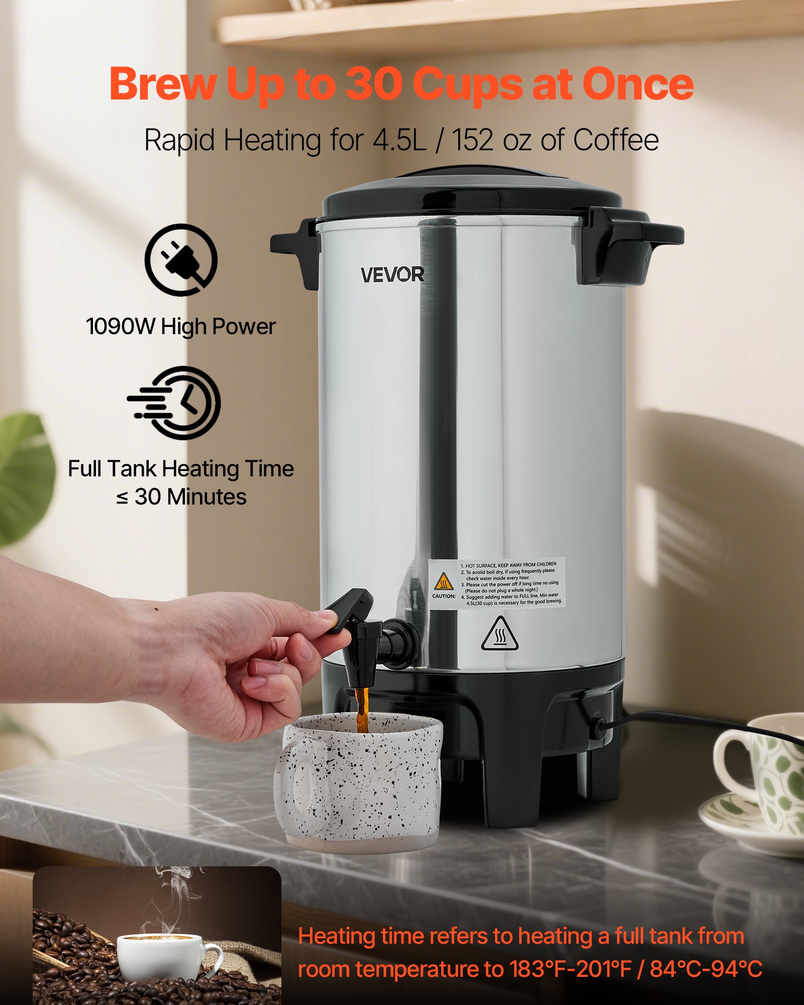 VEVOR kommerzieller Kaffeeautomat 30 Tassen4,5 L Heißgetränkespender mit tropffreiem Wasserhahn, Kaffeekanne mit automatischer Temperaturregelung, für Catering Party Kirche Restaurant