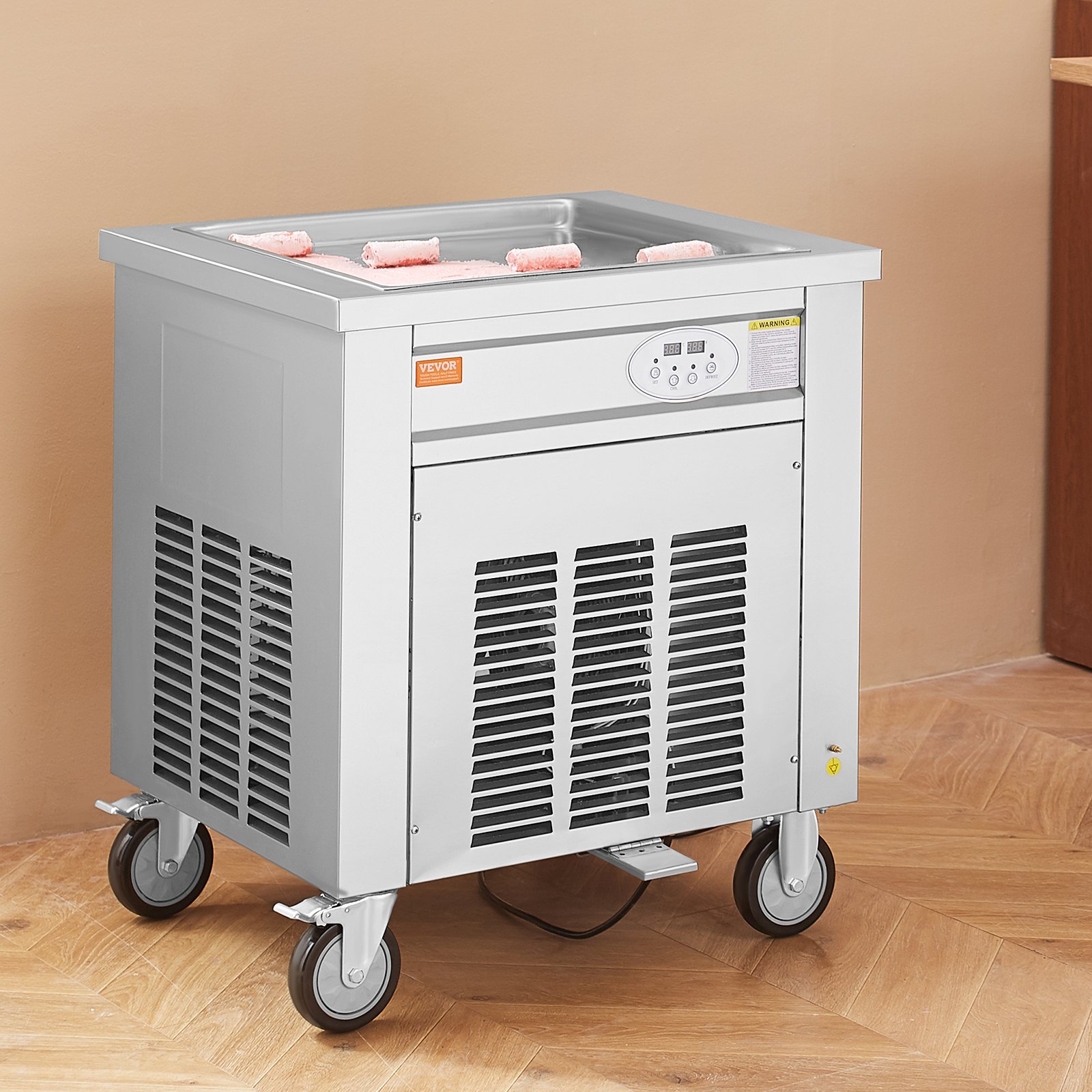 VEVOR Maschine für Frittierte Eisrollen, 50 x 50 cm Große Quadratische Pfanne zum Frittieren von Eis, Kommerzielle Eismaschine aus Edelstahl mit Kompressor und 2 Schabern