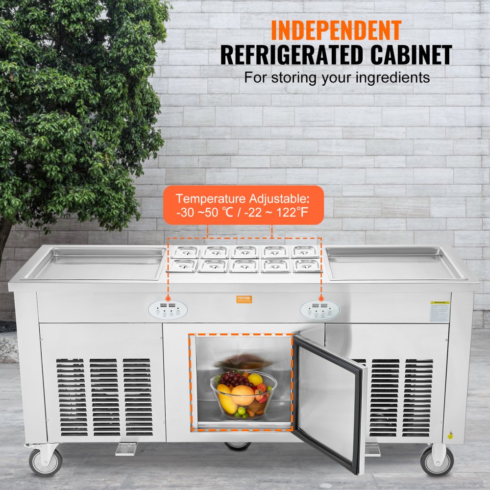 VEVOR Rollbare Maschine für Frittierte Eisrollen, 2 Stk. 45 x 45 cm Quadratische Pfannen zum Frittieren von Eis, Kommerzielle Eismaschine mit Kompressor und 4 Schabern, für Eiscreme, Frozen Yogurt