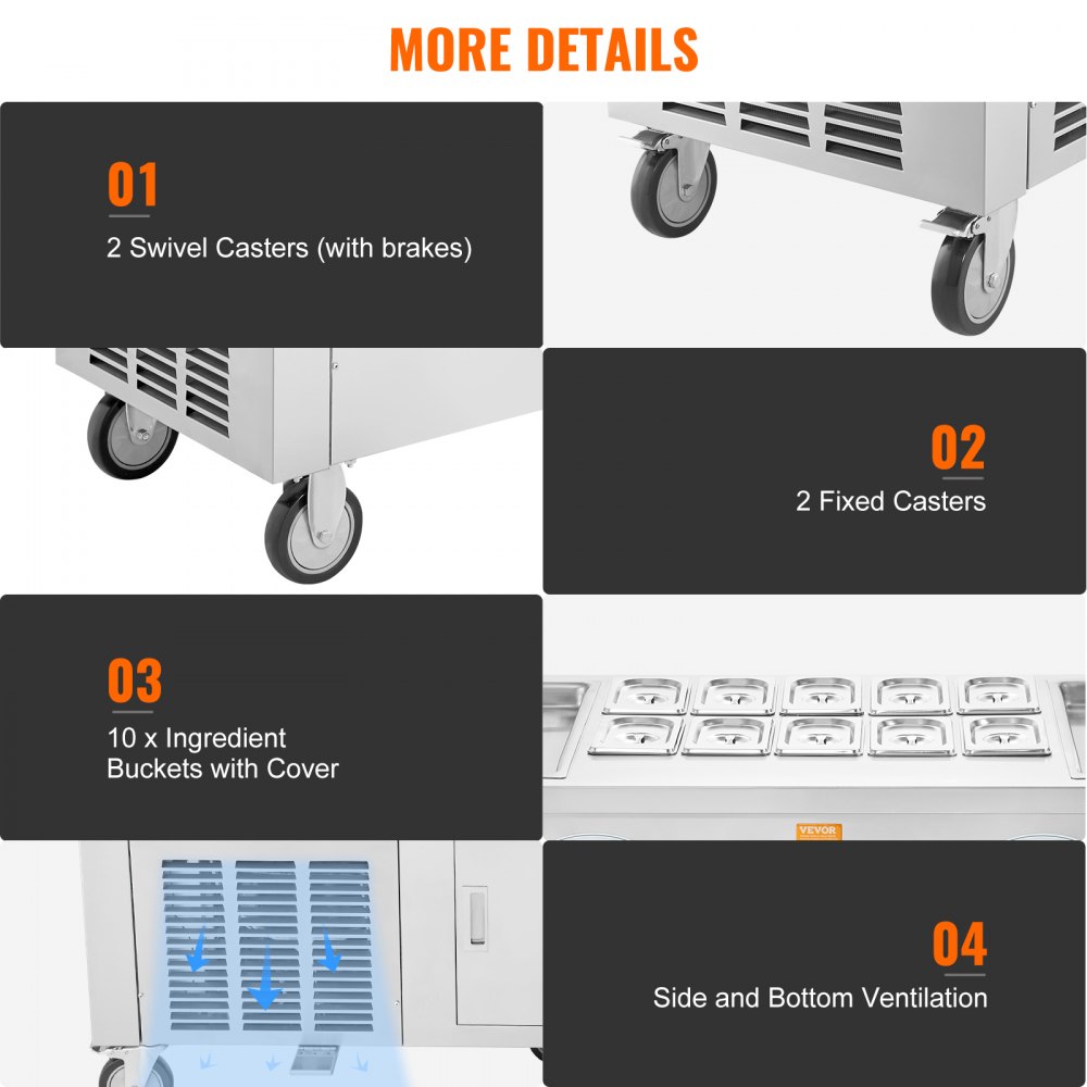 VEVOR Rollbare Maschine für Frittierte Eisrollen, 2 Stk. 45 x 45 cm Quadratische Pfannen zum Frittieren von Eis, Kommerzielle Eismaschine mit Kompressor und 4 Schabern, für Eiscreme, Frozen Yogurt