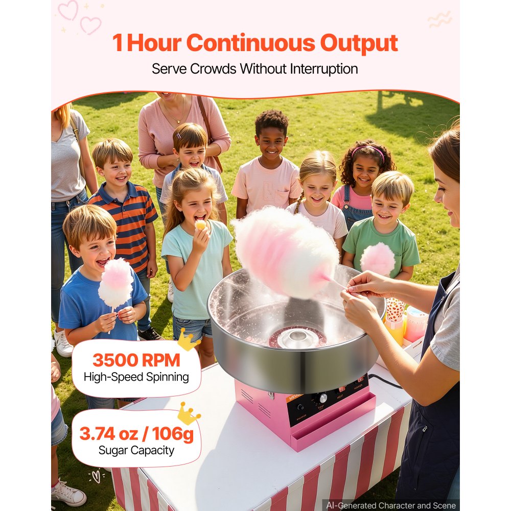 VEVOR Zuckerwattemaschine, 1000 W, elektrisch, pink, ideal für Zuhause, Karneval, Geburtstage, Familienfeiern, einfache Bedienung mit 52 cm Edelstahlschüssel, Ablagefach und Zuckerlöffel