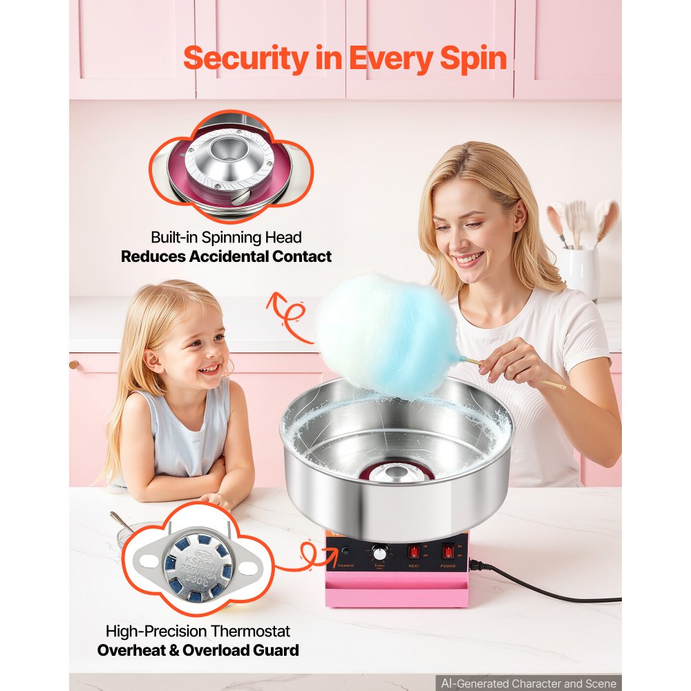 VEVOR Zuckerwattemaschine, 1000 W, elektrisch, pink, ideal für Zuhause, Karneval, Geburtstage, Familienfeiern, einfache Bedienung mit 52 cm Edelstahlschüssel, Ablagefach und Zuckerlöffel
