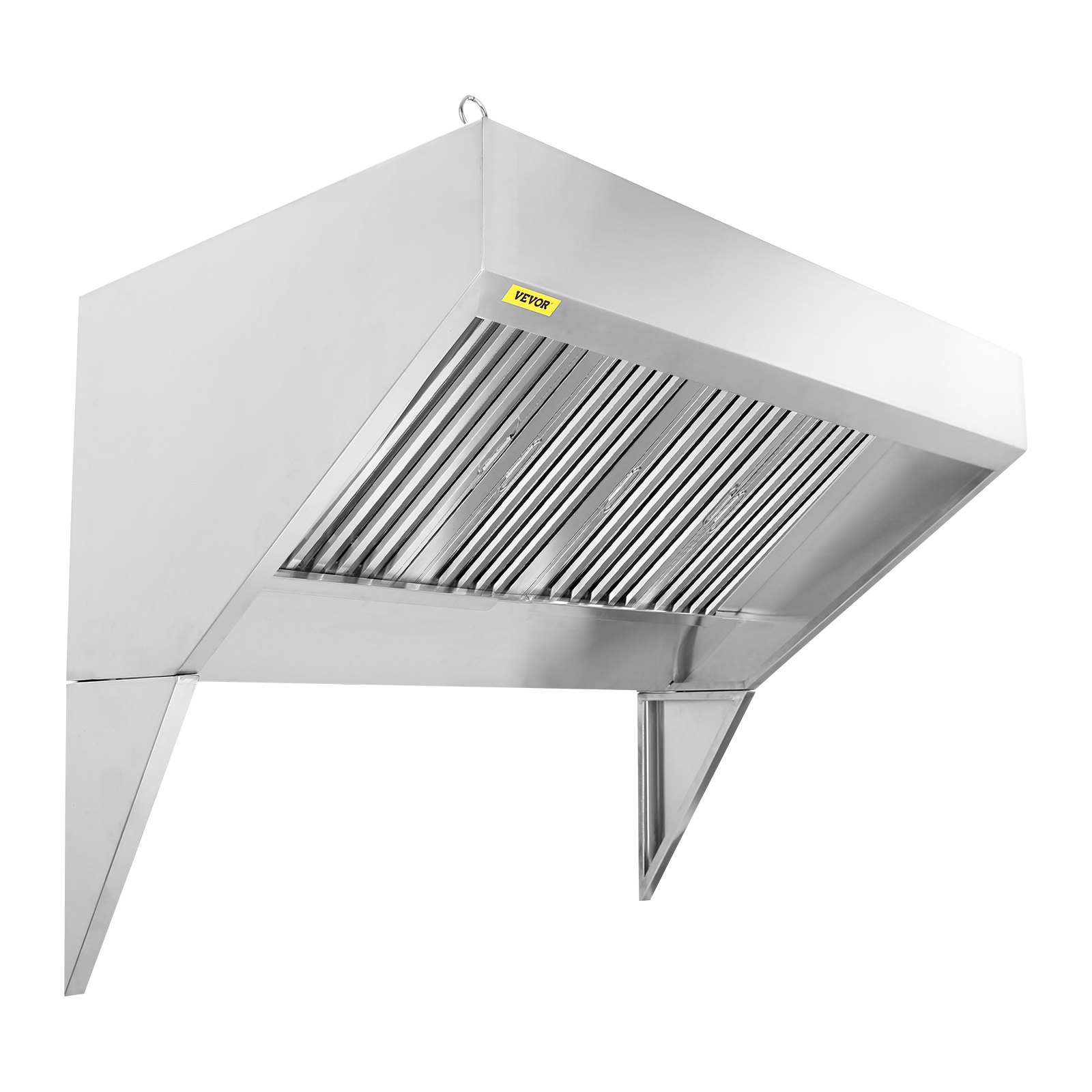 gewerbliche Dunstabzugshaube von VEVOR aus Edelstahl mit Prallfiltern und wandmontiertem Design.