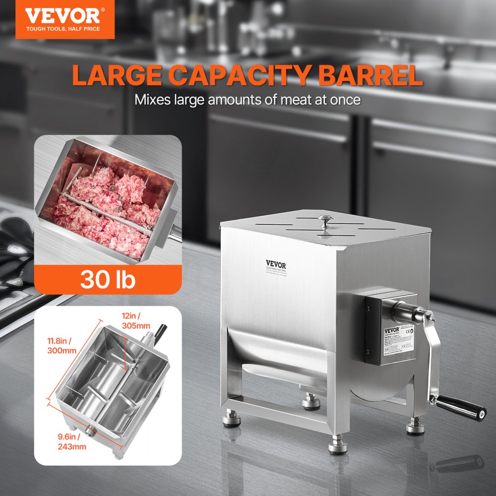 VEVOR manueller Fleischmischer Fleischverarbeitungsgerät (maximales Mischen von 13,61 kg Fleisch), Fleischmischer aus Edelstahl, Wurstmischer mit Untersetzungsgetriebe, Handmixer für Hackfleisch