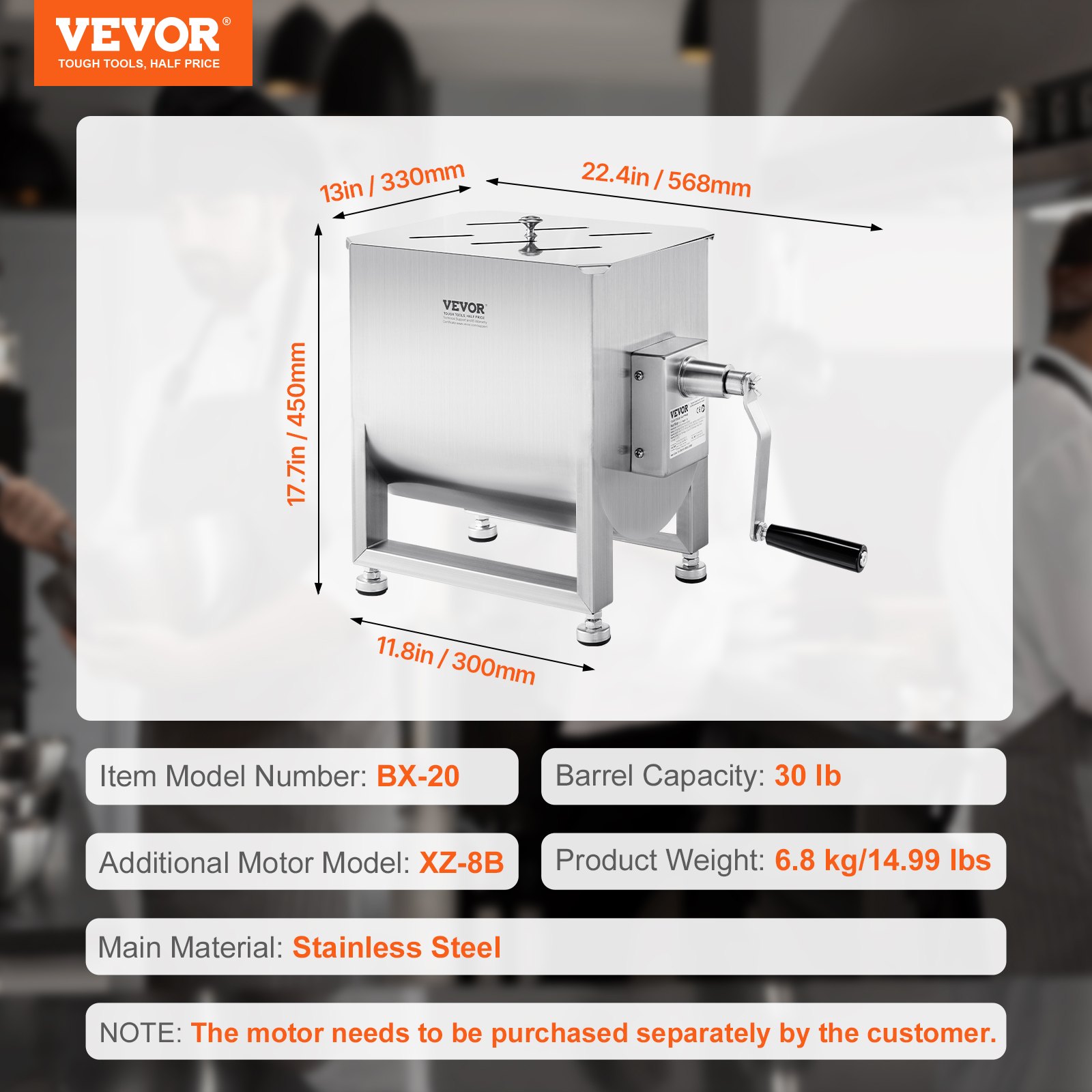 VEVOR manueller Fleischmischer Fleischverarbeitungsgerät (maximales Mischen von 13,61 kg Fleisch), Fleischmischer aus Edelstahl, Wurstmischer mit Untersetzungsgetriebe, Handmixer für Hackfleisch