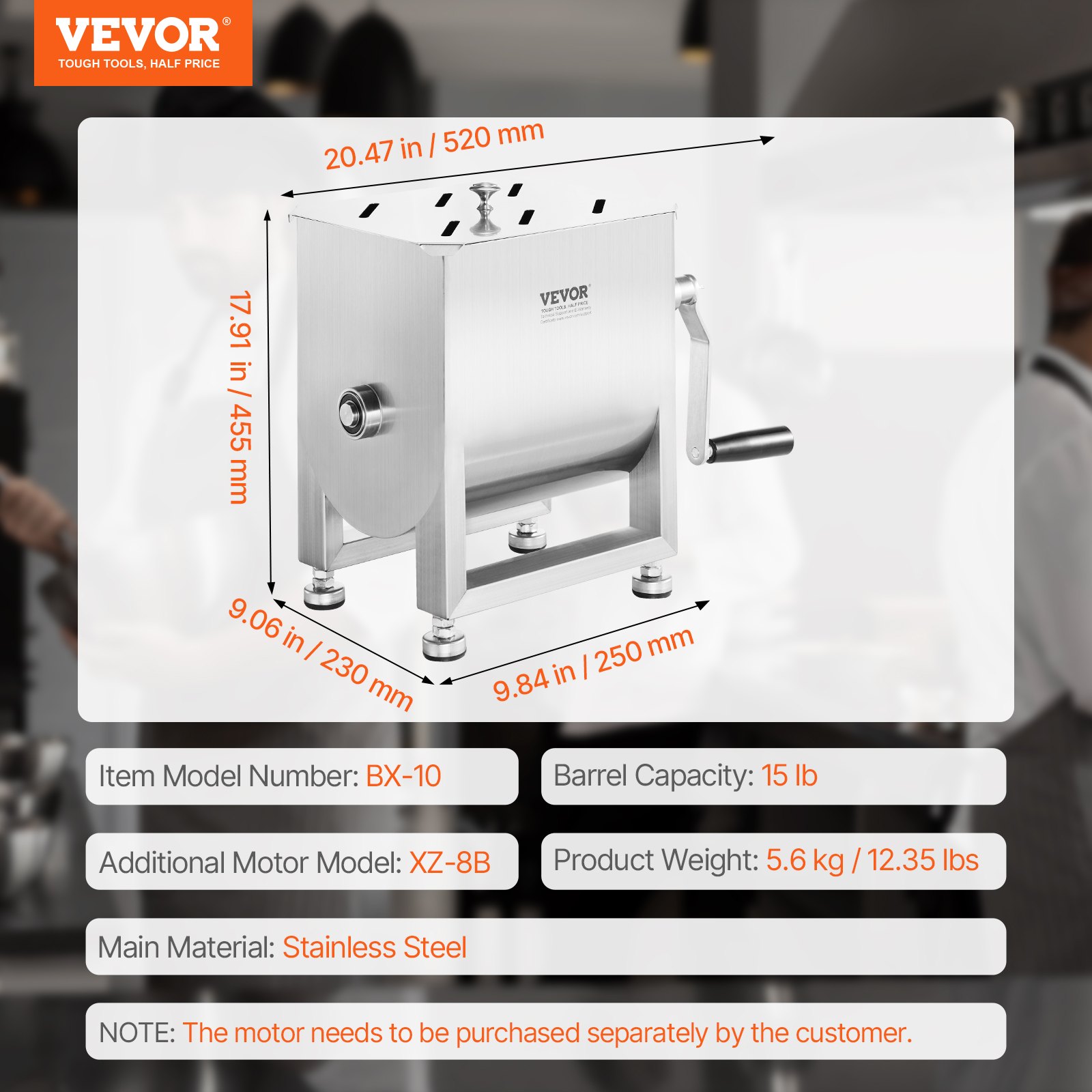 VEVOR manueller Fleischmischer 10 L Fleischverarbeitungsgerät (maximales Mischen von 6,8 kg Fleisch), Fleischmischer aus Edelstahl, Wurstmischer mit Untersetzungsgetriebe, Handmixer für Hackfleisch