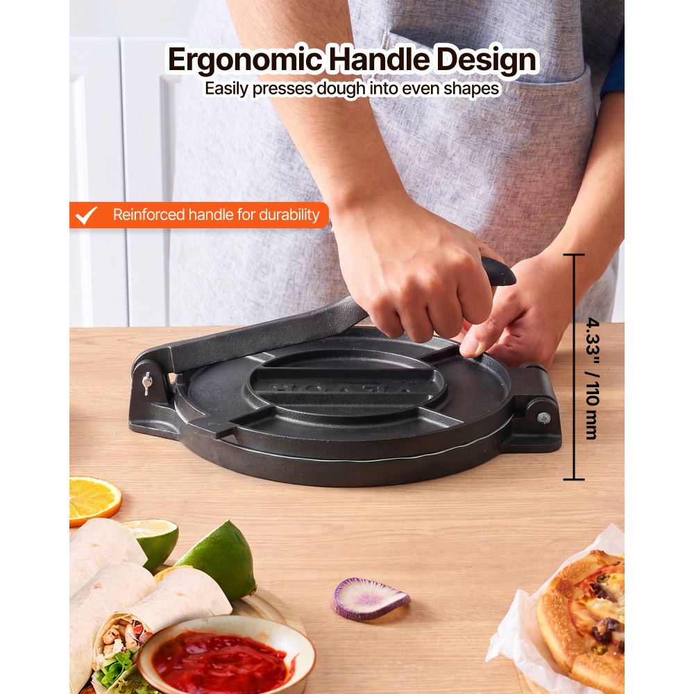 VEVOR Tortillapresse 30 cm Gusseisen Manuelle Taco Presse Pizzateigpresse für Weizentortillas, Pizza, Bäckerei und Fladenbrot, mit Verstärktem Griff, 50 Backpapier und Eingebrannter Leinöl-Oberfläche