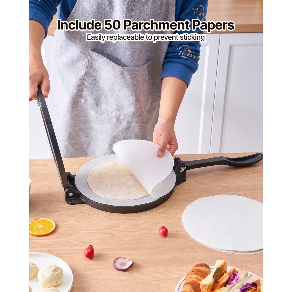 VEVOR Tortillapresse 30 cm Gusseisen Manuelle Taco Presse Pizzateigpresse für Weizentortillas, Pizza, Bäckerei und Fladenbrot, mit Verstärktem Griff, 50 Backpapier und Eingebrannter Leinöl-Oberfläche