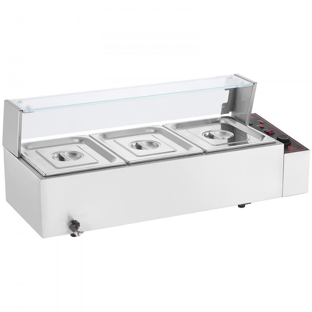 VEVOR kommerzieller Speisenwärmer mit 3 Behältern (8 Qt), elektrischer Dampftisch mit Glasabdeckung, 1500 W Arbeitsplatte aus Edelstahl, Buffet-Bain-Marie, 30–85 °C Temperaturregelung für Gastronomie