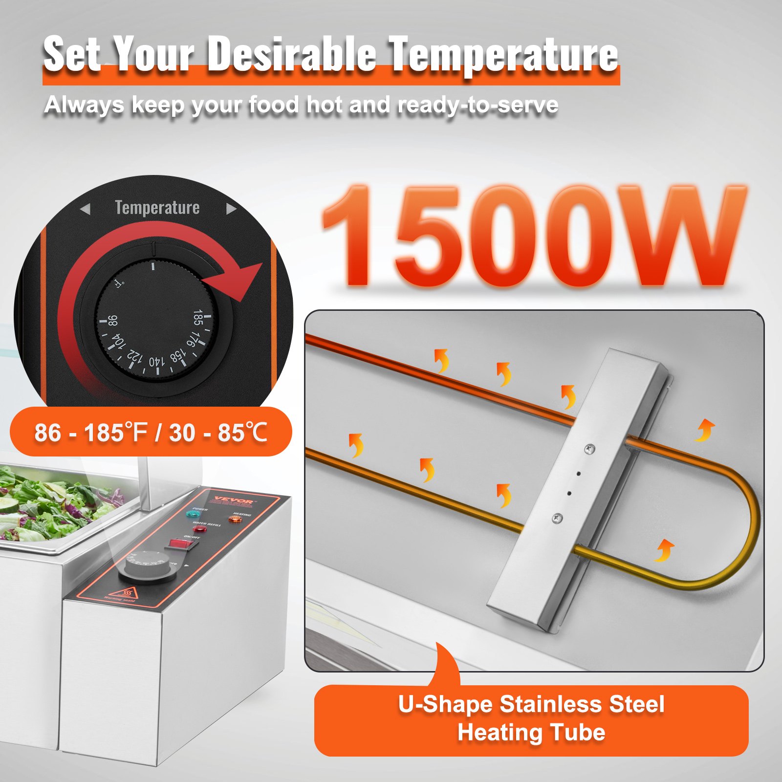 VEVOR kommerzieller Speisenwärmer mit 3 Behältern (8 Qt), elektrischer Dampftisch mit Glasabdeckung, 1500 W Arbeitsplatte aus Edelstahl, Buffet-Bain-Marie, 30–85 °C Temperaturregelung für Gastronomie