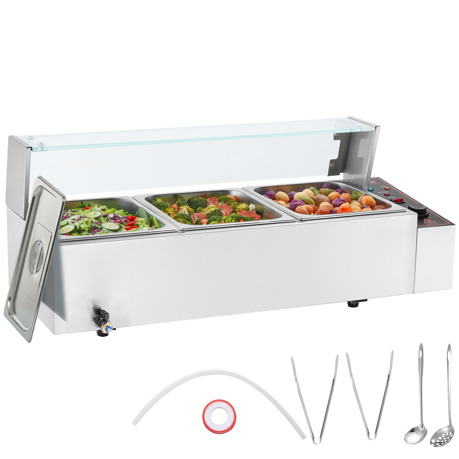 VEVOR Commercial Food Warmer with 3 Containers (8 Qt), Electric Steam Table with Glass Cover, 1500 W Stainless Steel Worktop, Buffet Bain-Marie, 30-85°C Temperature Control for Catering