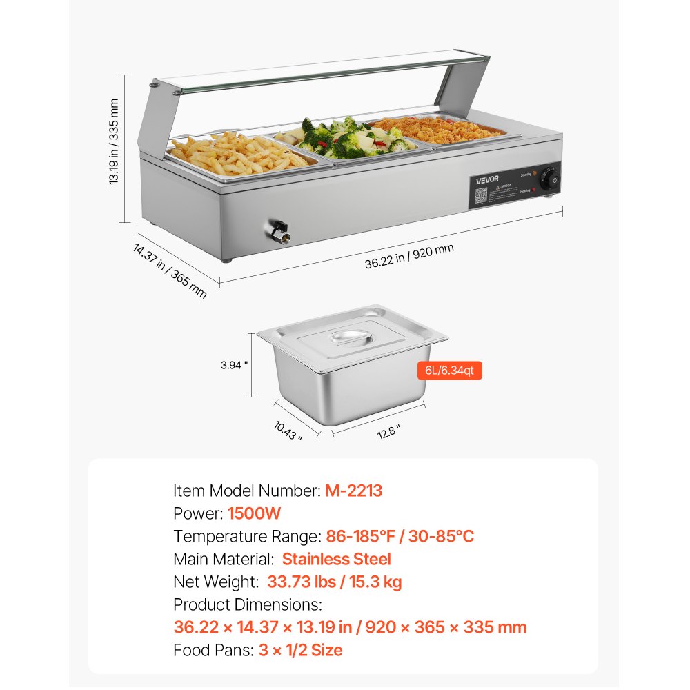 VEVOR kommerzieller Speisenwärmer mit Glasabdeckung & 3 Behälter (1/2-Größe) 1,5 kW Buffetwärmer Edelstahl, Buffetbehälter Buffet-Wasserbad Speisenwärmstation für Restaurants Partys Buffets