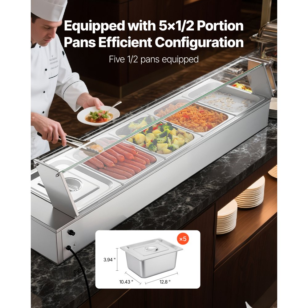 VEVOR Commercial Food Warmer, 1500W Electric Stainless Steel Steam Food Warmer with Glass Cover, Countertop Buffet Bain Marie with Five 1/2 Size Food Pans, for Catering, Restaurant, Party & Buffets