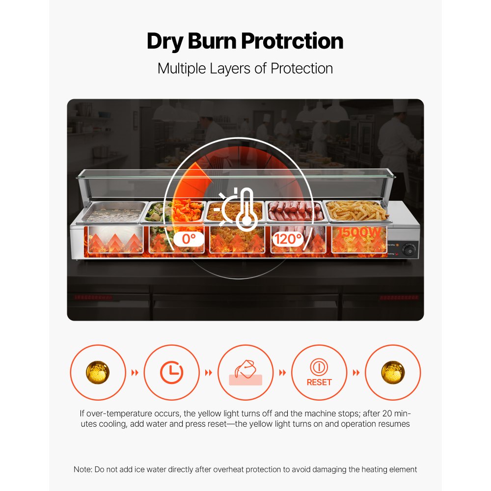 VEVOR Commercial Food Warmer, 1500W Electric Stainless Steel Steam Food Warmer with Glass Cover, Countertop Buffet Bain Marie with Five 1/2 Size Food Pans, for Catering, Restaurant, Party & Buffets