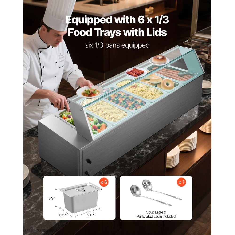 VEVOR kommerzieller Speisenwärmer (6 x 1/3 Größe Behälter), 1,5 kW elektrischer Wärmebehälter aus Edelstahl mit Glasabdeckung & Suppenkelle, Chafing Dishes für Catering Restaurant Party