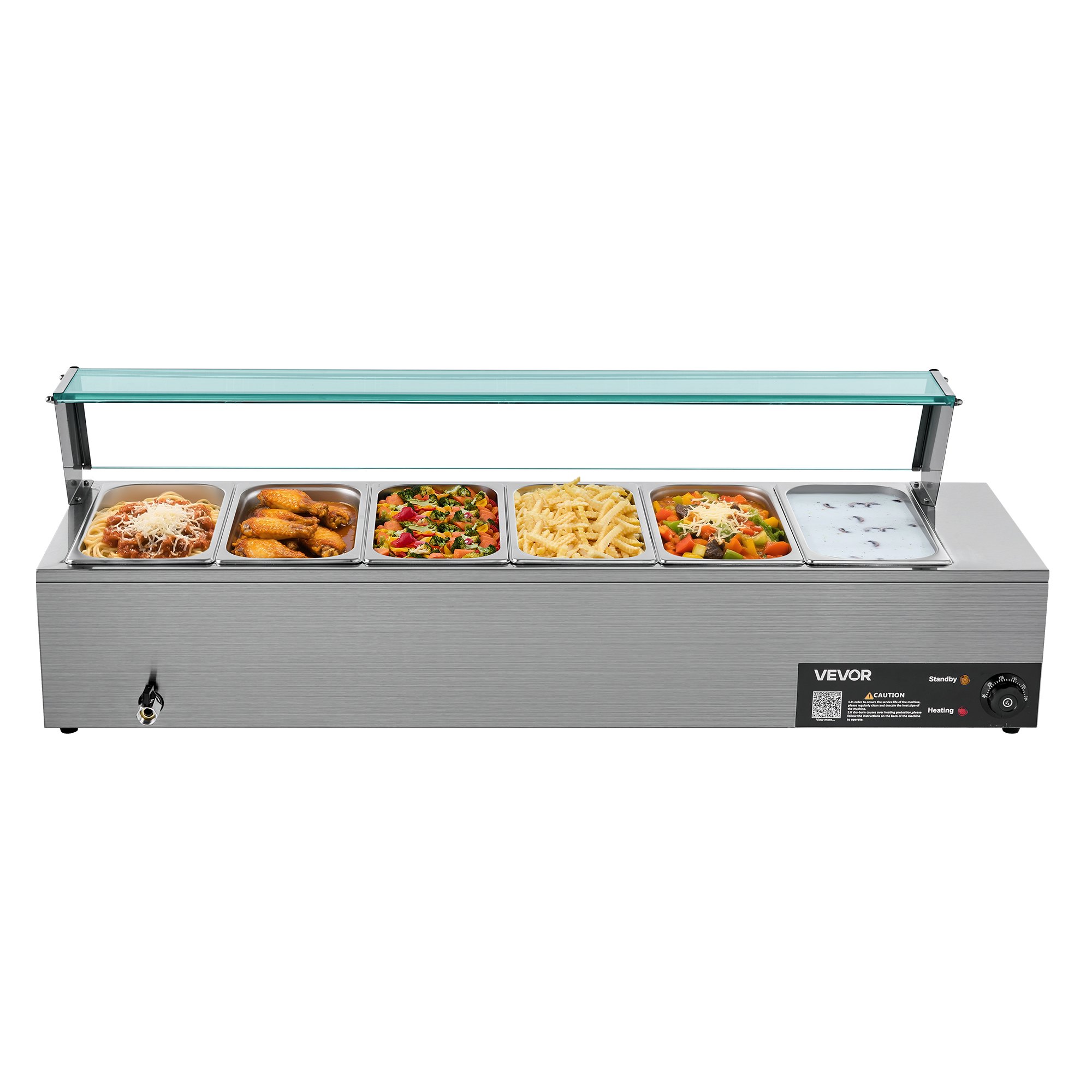 VEVOR kommerzieller Speisenwärmer (6 x 1/3 Größe Behälter), 1,5 kW elektrischer Wärmebehälter aus Edelstahl mit Glasabdeckung & Suppenkelle, Chafing Dishes für Catering Restaurant Party
