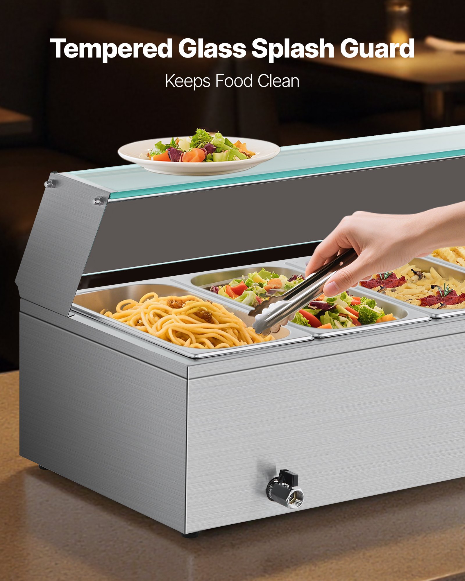 VEVOR Commercial Food Warmer, 1500W Electric Stainless Steel Steam Food Warmer with Glass Cover, 6 x 1/3 Size Pans Buffet Bain Marie with Soup & Perforated Ladles, for Catering, Restaurant & Party