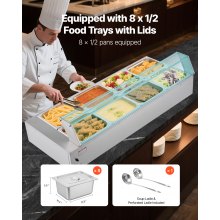 VEVOR kommerzieller Speisenwärmer (8 x 1/2 Größe Behälter), 1,7 kW elektrischer Wärmebehälter aus Edelstahl mit Glasabdeckung & Suppenkelle, Chafing Dishes für Catering Restaurant Party