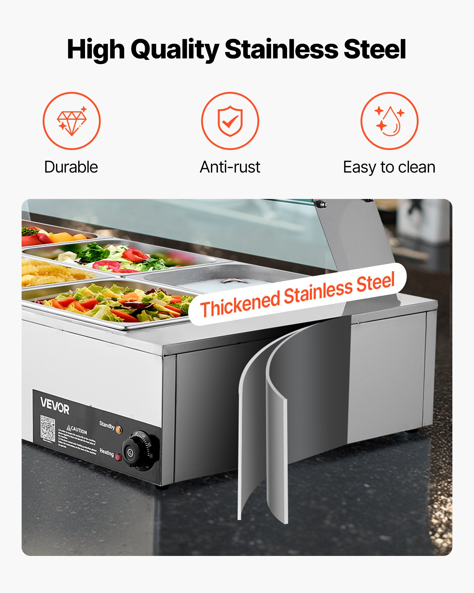 VEVOR kommerzieller Speisenwärmer (8 x 1/2 Größe Behälter), 1,7 kW elektrischer Wärmebehälter aus Edelstahl mit Glasabdeckung & Suppenkelle, Chafing Dishes für Catering Restaurant Party