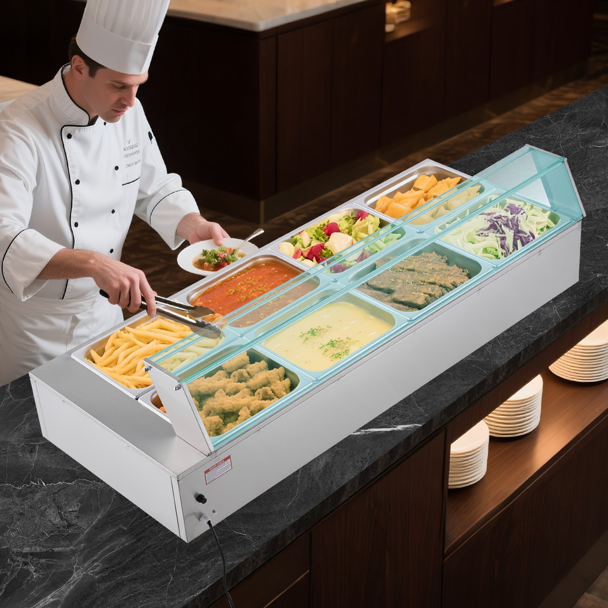 VEVOR kommerzieller Speisenwärmer (8 x 1/2 Größe Behälter), 1,7 kW elektrischer Wärmebehälter aus Edelstahl mit Glasabdeckung & Suppenkelle, Chafing Dishes für Catering Restaurant Party