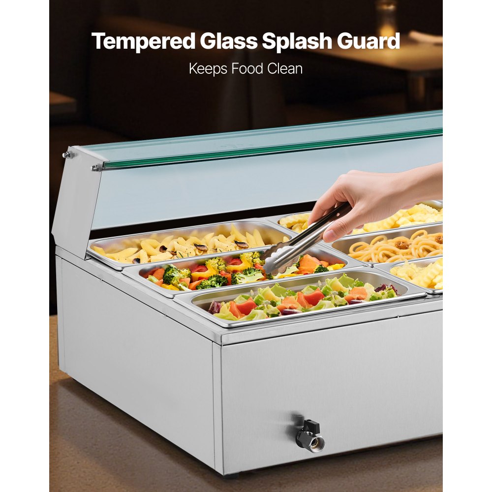 VEVOR kommerzieller Speisenwärmer (9 x 1/3 Größe Behälter), 1,5 kW elektrischer Wärmebehälter aus Edelstahl mit Glasabdeckung & Suppenkelle, Chafing Dishes für Catering Restaurant Party