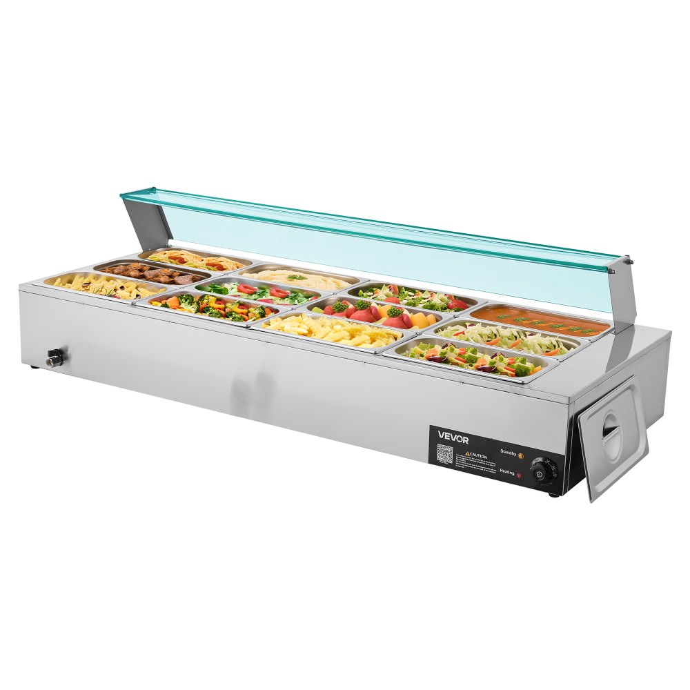 VEVOR Commercial Food Warmer, 1700W Electric Stainless Steel Steam Food Warmer with Glass Cover, 12-Pan Countertop Buffet Bain Marie with Soup & Perforated Ladles, for Catering, Restaurant & Party