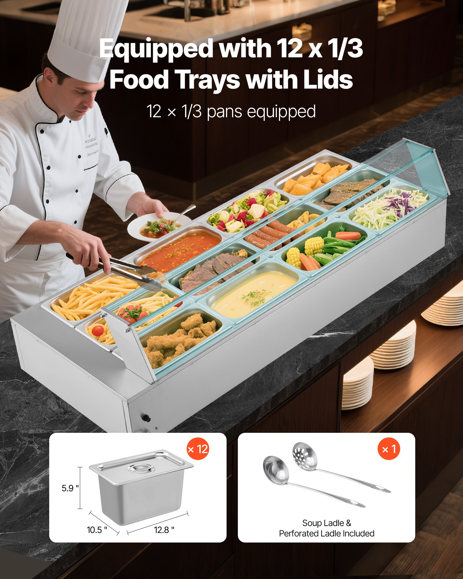 VEVOR kommerzieller Speisenwärmer (12 x 1/3 Größe Behälter), 1,7 kW elektrischer Wärmebehälter aus Edelstahl mit Glasabdeckung & Suppenkelle, Chafing Dishes für Catering Restaurant Party