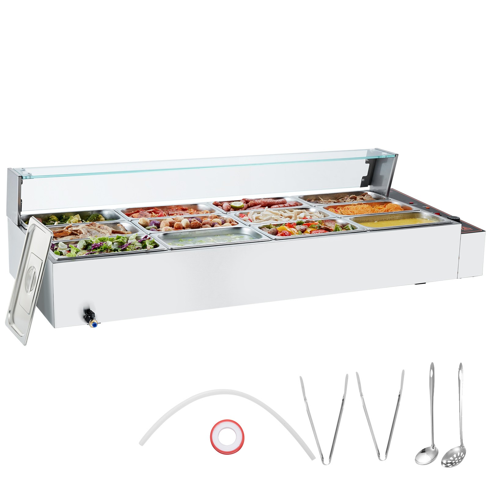 VEVOR kommerzieller Speisenwärmer mit 12 x 5 Qt Behältern, elektrischer Dampftisch mit Glasabdeckung, 1700 W Arbeitsplatte aus Edelstahl, Buffet-Bain-Marie, 30–85 °C Temperaturregelung für Gastronomie