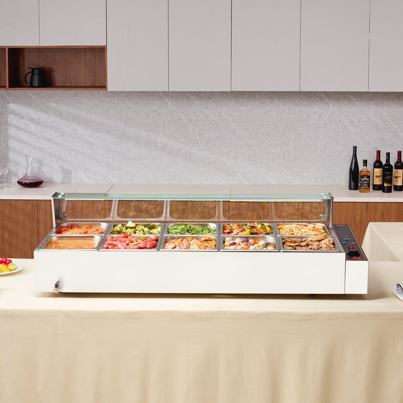 VEVOR Speisenwärmer Chafing Dish Gastronormbehälter 10x 7,6L Glasschild 1700W