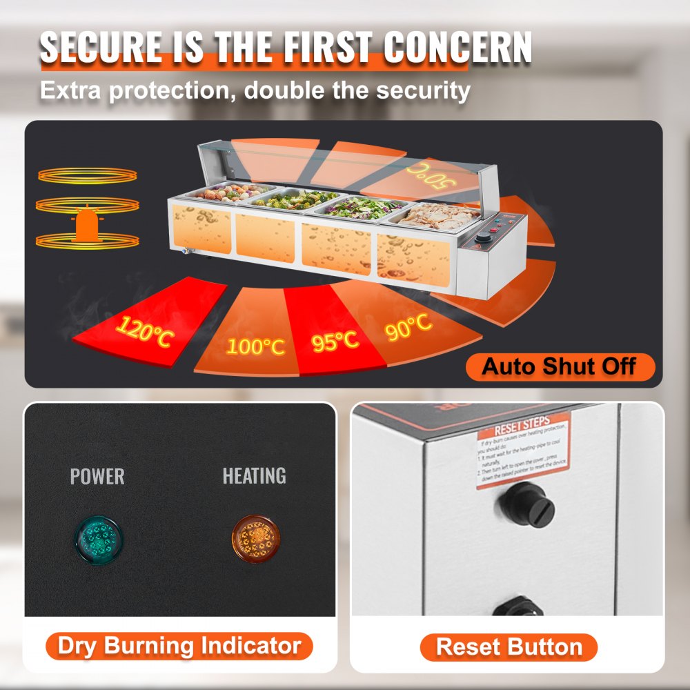 VEVOR Kommerzieller Speisenwärmer mit 4 x 8 Qt Behältern, elektrischer Dampftisch mit Glasabdeckung, 1500 W Arbeitsplatte Edelstahl Buffet-Bain-Marie, 30–85 °C für Gastronomie, Restaurants
