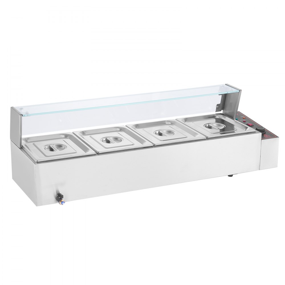 VEVOR Kommerzieller Speisenwärmer mit 4 x 8 Qt Behältern, elektrischer Dampftisch mit Glasabdeckung, 1500 W Arbeitsplatte Edelstahl Buffet-Bain-Marie, 30–85 °C für Gastronomie, Restaurants