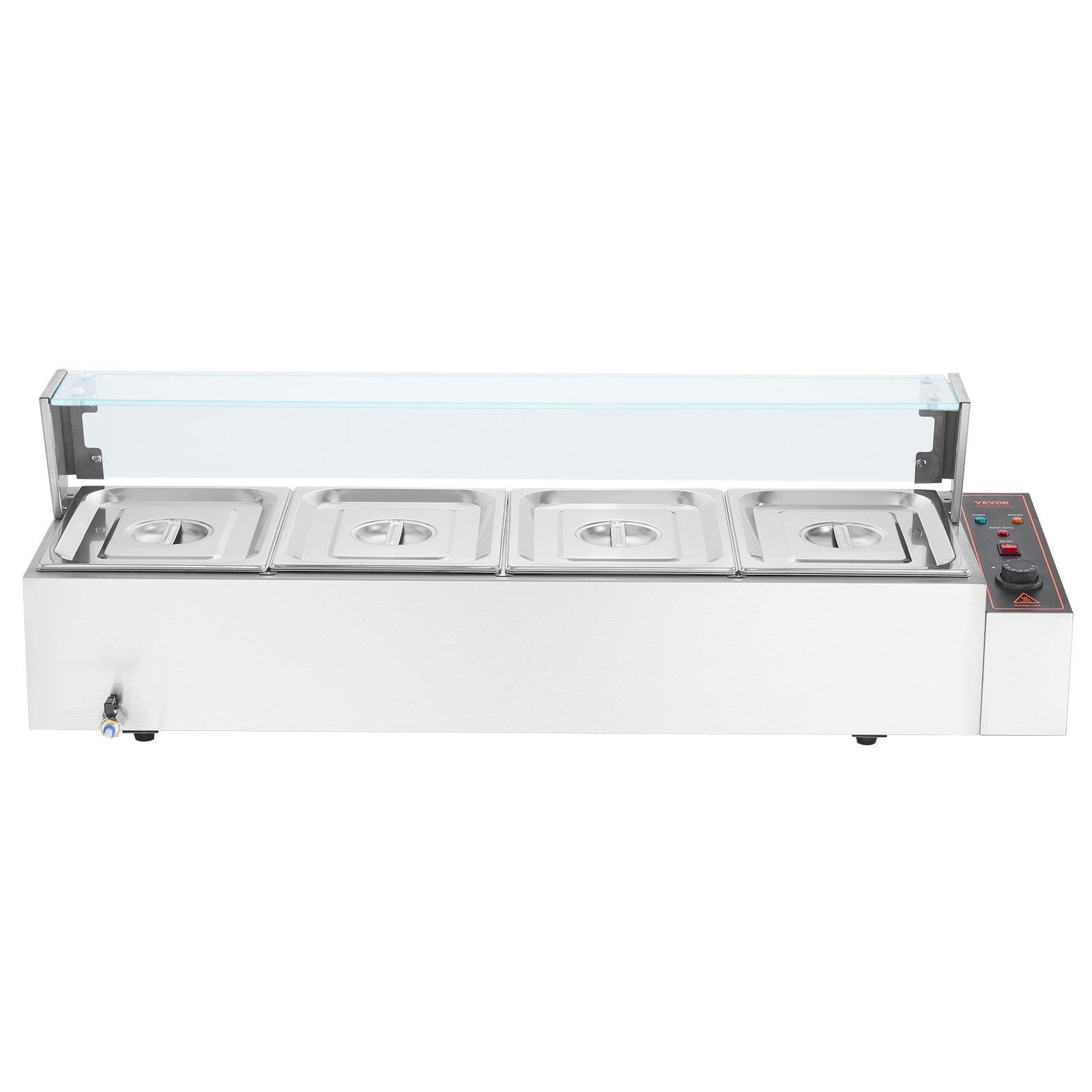 VEVOR Kommerzieller Speisenwärmer mit 4 x 8 Qt Behältern, elektrischer Dampftisch mit Glasabdeckung, 1500 W Arbeitsplatte Edelstahl Buffet-Bain-Marie, 30–85 °C für Gastronomie, Restaurants