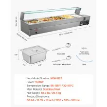 VEVOR Speisenwärmer Chafing Dish Gastronormbehälter 5x8Qt Glasschild