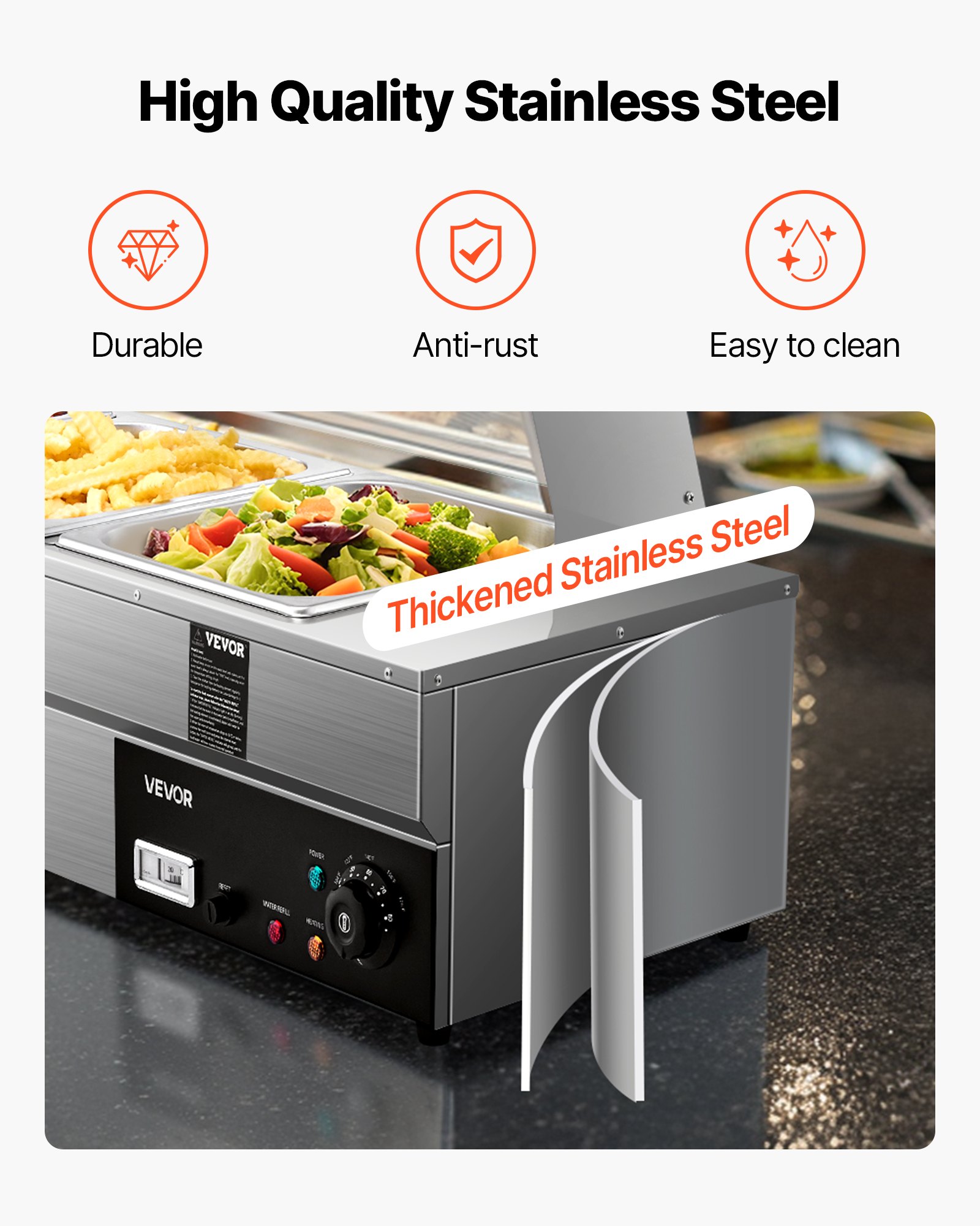 VEVOR Commercial Food Warmer, 5-Pan Electric Steam Table with Glass Cover, 1500W Countertop Stainless Steel Buffet Bain Marie with 30-85°C Temp Control for Catering, Buffet, Parties, Restaurants