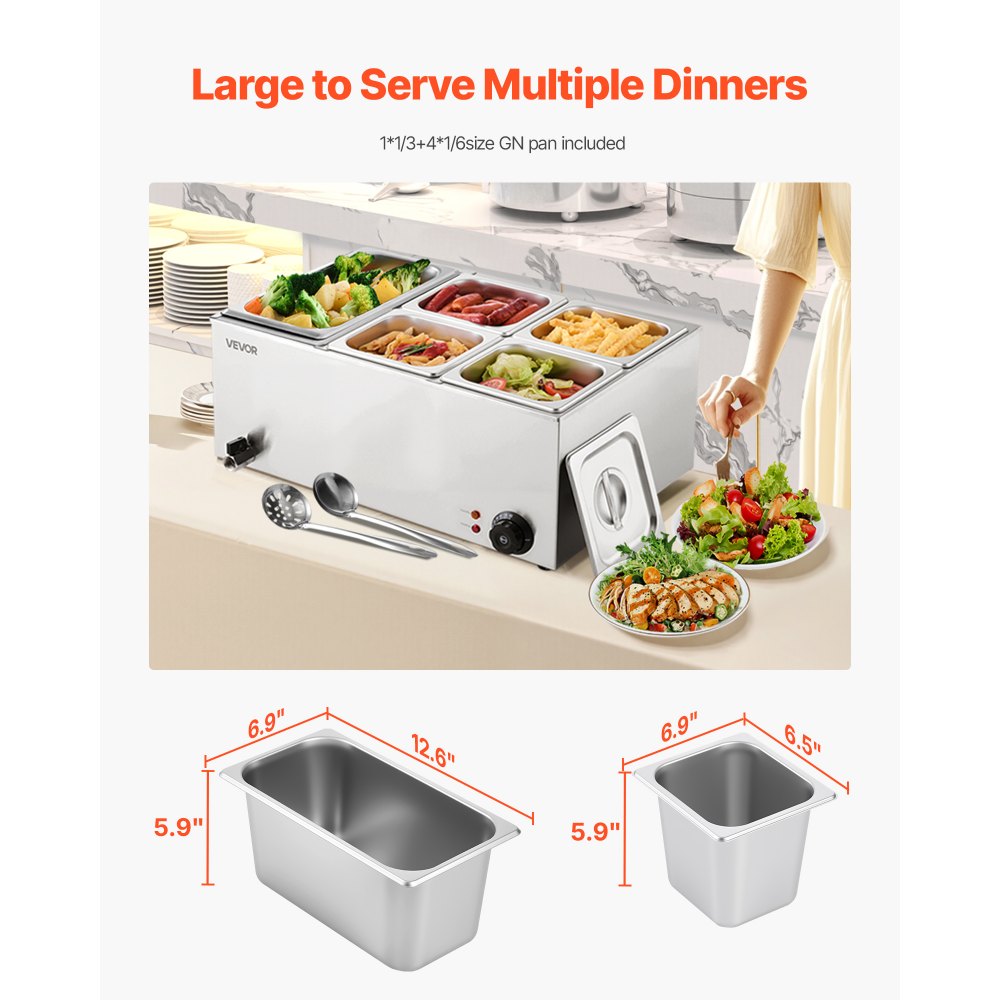 VEVOR kommerzieller Speisenwärmer, elektrischer Dampftisch mit 5 Behältern (1 x 1/3-Größe + 1 x 1/6 -Größe) 1200 W, Buffet-Wasserbad mit Temperaturregelung von 30–80 °C für Buffets Partys