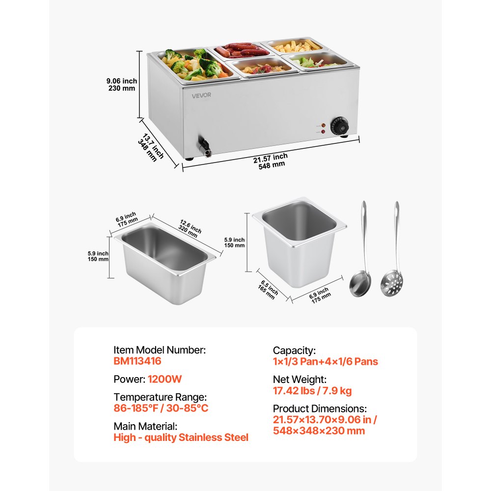 VEVOR kommerzieller Speisenwärmer, elektrischer Dampftisch mit 5 Behältern (1 x 1/3-Größe + 1 x 1/6 -Größe) 1200 W, Buffet-Wasserbad mit Temperaturregelung von 30–80 °C für Buffets Partys