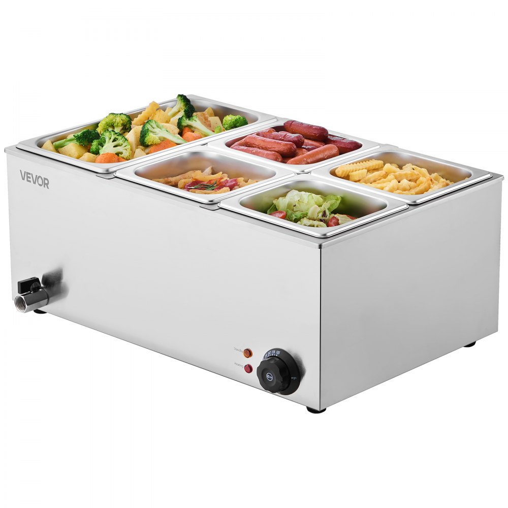 VEVOR kommerzieller Speisenwärmer, elektrischer Dampftisch mit 5 Behältern (1 x 1/3-Größe + 1 x 1/6 -Größe) 1200 W, Buffet-Wasserbad mit Temperaturregelung von 30–80 °C für Buffets Partys