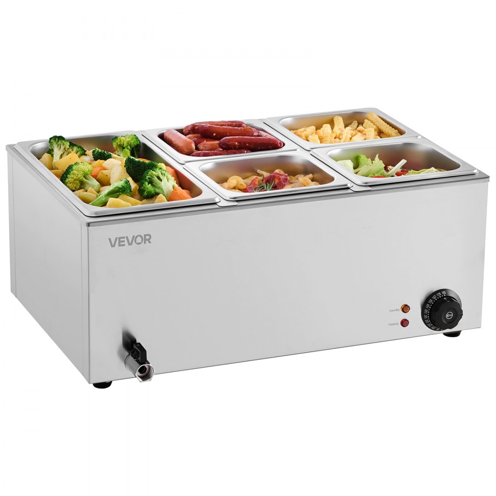 VEVOR kommerzieller Speisenwärmer, elektrischer Dampftisch mit 5 Behältern (1 x 1/3-Größe + 1 x 1/6 -Größe) 1200 W, Buffet-Wasserbad mit Temperaturregelung von 30–80 °C für Buffets Partys